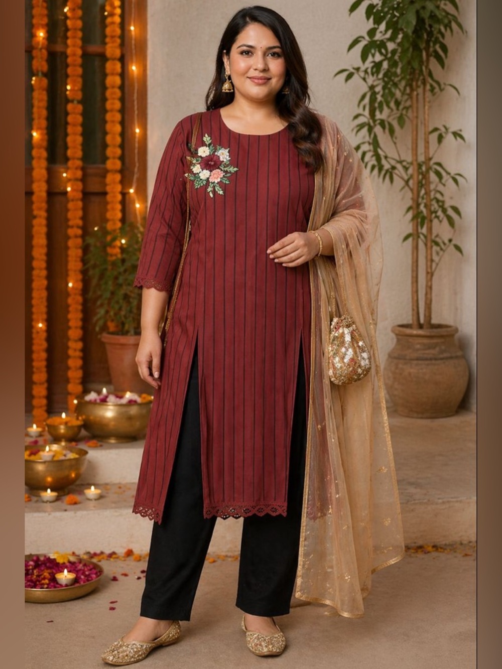 Maroon Embroidered Kurti Size XXL Indo Western Tunic Ethnic Casual Festive Top